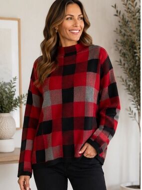 Jones New York XL Red Black Buffalo Plaid Mock Neck Sweater NWOT